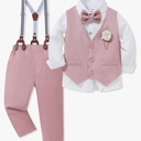 WESIDOM Toddler Boy Clothes Suit Formal Dress Shirt+Bowtie+Vest+Boutonniere+Suspender Pants Boys Gentleman Outfits Set Size 3-4 T