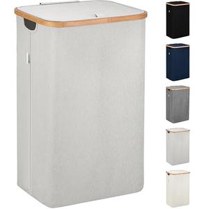 LONBET Laundry Basket with Lid, Made from Breathable Fabric | Aesthetic Clothes Hampers for Laundry with Side Handles & Sturdy Bamboo Frame (26 Gallons - Single, Beige)