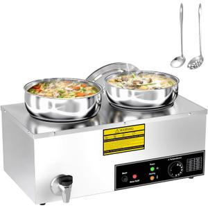 Soup Warmer, 2X7.4QT Stainless Steel Round Pot Food Warmer, 86°F~185°F Adjustable, 1200W Commercial Bain Marie with Drain Faucet, Buffet Warmer Steam Table for Restaurant Catering Parties