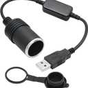 USB A Male to Cigarette Lighter Female Socket Power Cable 1FT, 5V USB to 12V Cigarette Lighter Socket Female Converter Adapter with Dust Cap, for Dash Cam, GPS and Other Low Power 10W Car Electronics