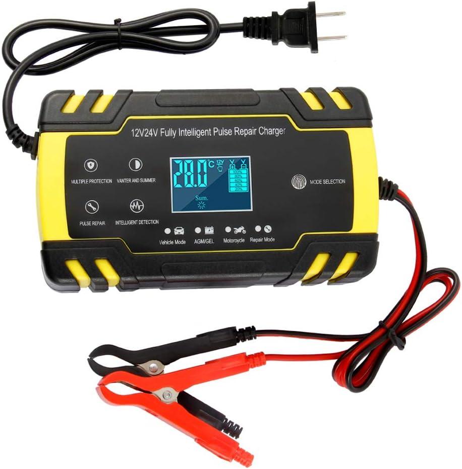 ODOMY 12V/24V Smart Battery Charger | Pulse Repair Charger with LCD Display | Intelligent Mode Overvoltage Protection Temperature Monitoring for Car, Truck, Motorcycle, Boat, SUV, ATV