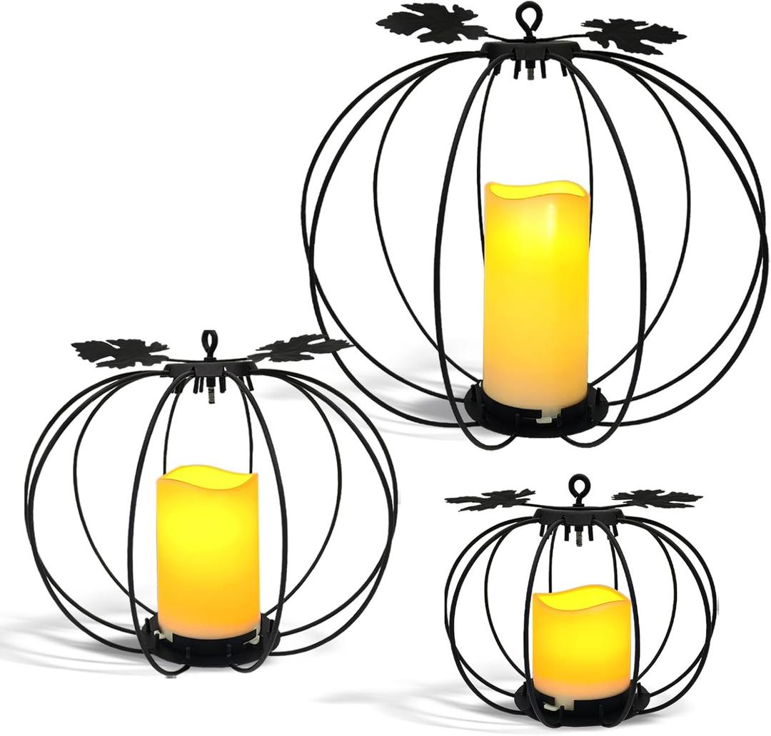 Halloween Light Up Pumpkin Lantern, 3 Pcs Metal Black Pumpkin Candle Holders with Timer Flickering Yellow LED Candle Lights for Thanksgiving Halloween Harvest Fall Home Decor