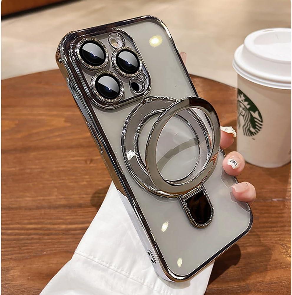 Magnetic Case for iPhone 15 Pro Case Stand & Ring Holder Compatible with MagSafe Built-in Camera Lens Protector Shockproof Phone Case for iPhone 15 Pro 6.1" - Titanium