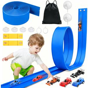 20 Ft Flexible Race Track Toys, Flex Race Car Ramp Track with 4 Race Cars & Suction Cups Rolls Up Portable DIY Race Track Anti Gravity Car Track Set,Kids Racecar Track Toy(Blue)