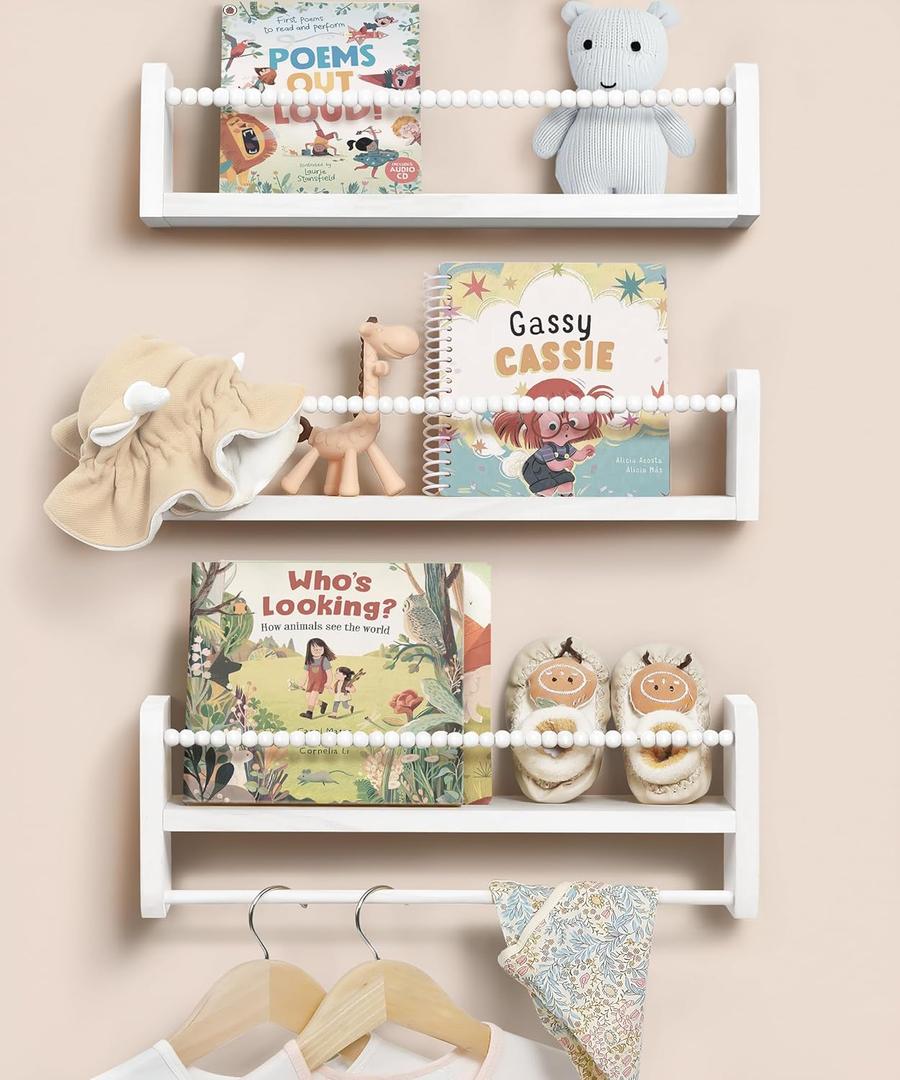 Nursery Book Shelves for Wall Set of 3, White Natural Wood Bookshelf Wall Decor, Small Floating Shelf Organizer for Kids Room, Bedroom, Kitchen Spice Rack (16 inch)