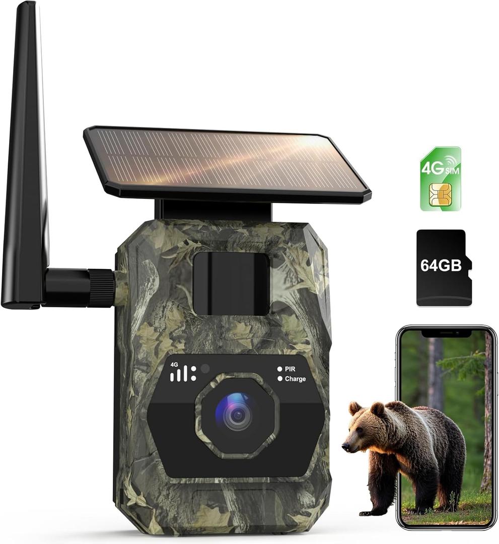 Cellular Trail Camera with Solar Panel, 2K Live Video, Colorful Night Vision, No WiFi Needed, 4G LTE SIM Card, 64G SD Card, 0.2S Trigger Motion Actived, Smart Alerts, GPS, IP66 Waterproof Game Camera