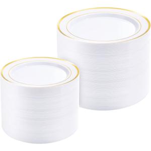 BESTVIP 300PCS Gold Plastic Plates, White with Gold Rim Disposable Plates - 150 Dinner Plates and 150 Dessert Plates, Heavy Duty Fancy Party Plates for Wedding, Catering, Large Events
