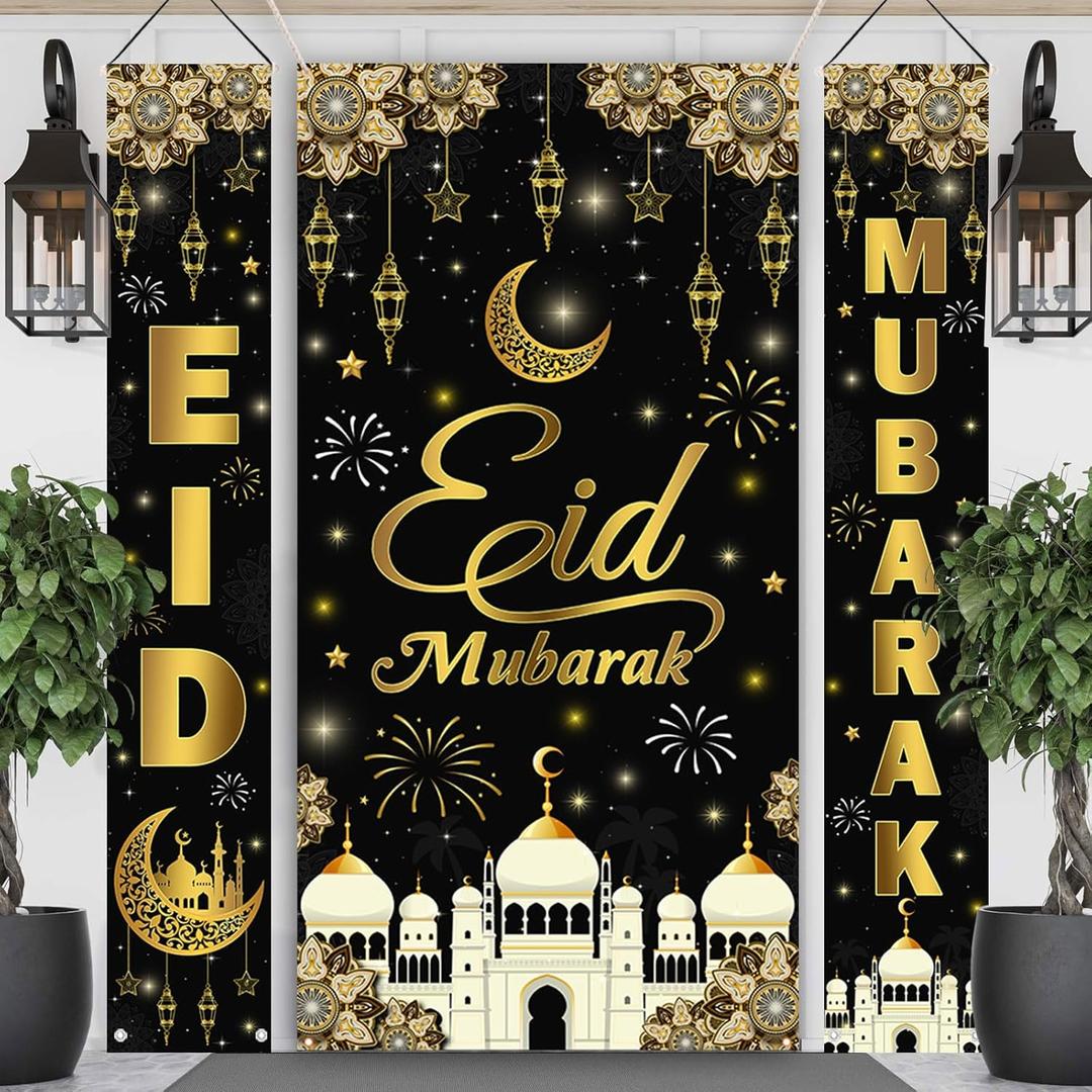 AIBIIN 3PCS Eid Mubarak Banners Decorations for Home Black Eid Mubarak Door Porch Sign Decorations Banner Muslim Ramadan Kareem Banner Decor Wall Hanging Decor