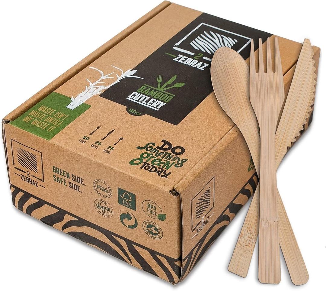 Bamboo Cutlery Set 100 Piece - 50 Forks 25 Knives 25 Spoons - Heavy Duty Disposable Utensils Silverware for Parties Weddings BBQ Camping - Reusable Natural Flatware - 2ZEBRAZ