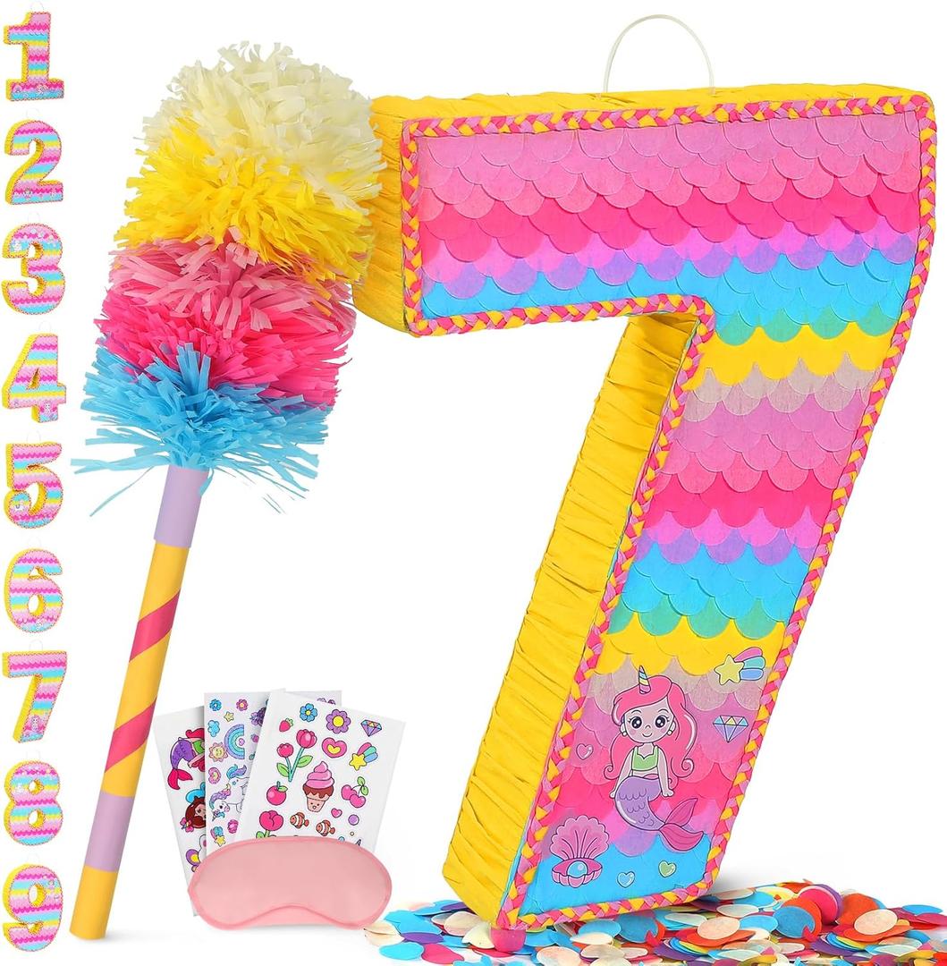 Number 7 Pinata for Birthday Party Decorations, Unicorn Mermaid Theme Pink Piata Games Toy (7th)