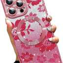 AIGOMARA Phone Case for iPhone 16 Pro Max [Compatible with MagSafe] Flowers Floral Design Glitter Bling Case Shockproof Scratch-Resistant Soft TPU Cover for Women - Pink