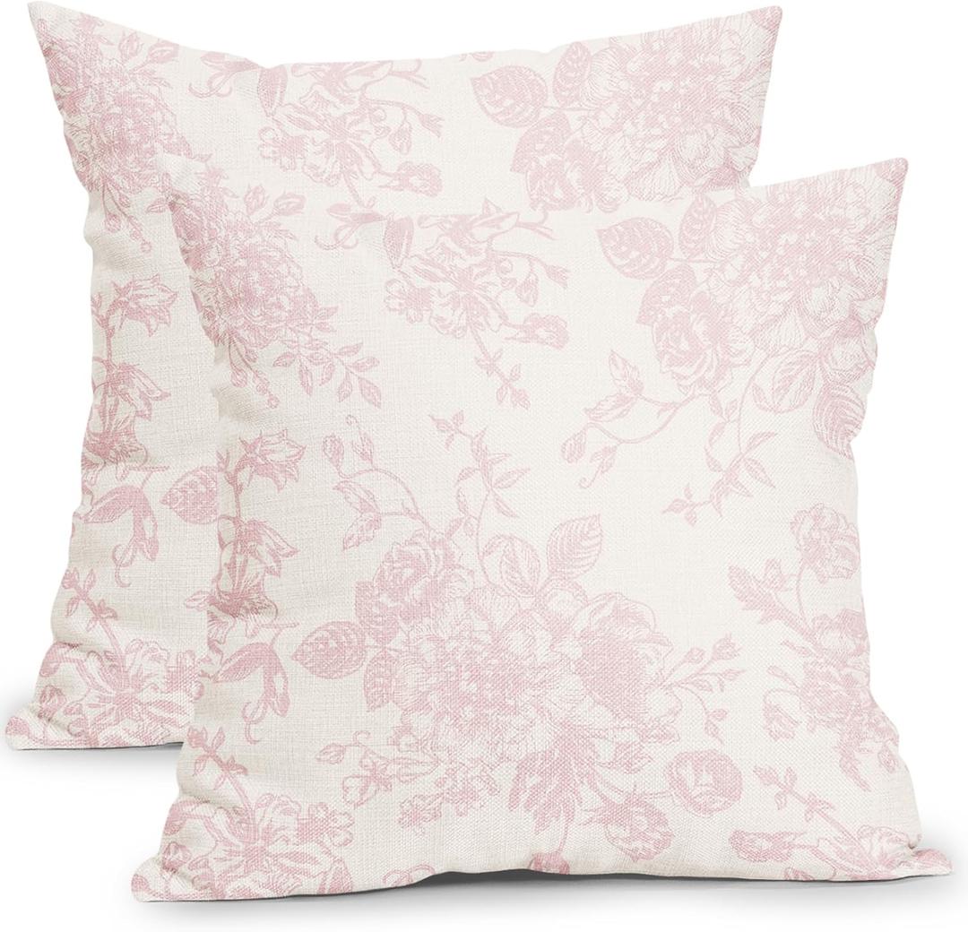 Vintage Floral Pillow Covers 18x18 Inch Set of 2 Light Pink and Cream Floral Throw Pillow Covers Chinoiserie Flower Pillowcases Rustic Farmhouse Cushion Covers for Couch Home Decor