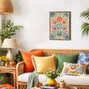 Framed Vintage Mexican Floral Canvas Wall Art, Colorful Folk Flower Wall Decor Pictures, Boho Botanical Painting Prints Rustic Home Decor for Living Room Bedroom 16x24 inch