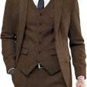 Mens Tweed Herringbone Wedding Suit Prom Tuxedos 3 Piece Peak Lapel Dress(Brown,3XL)