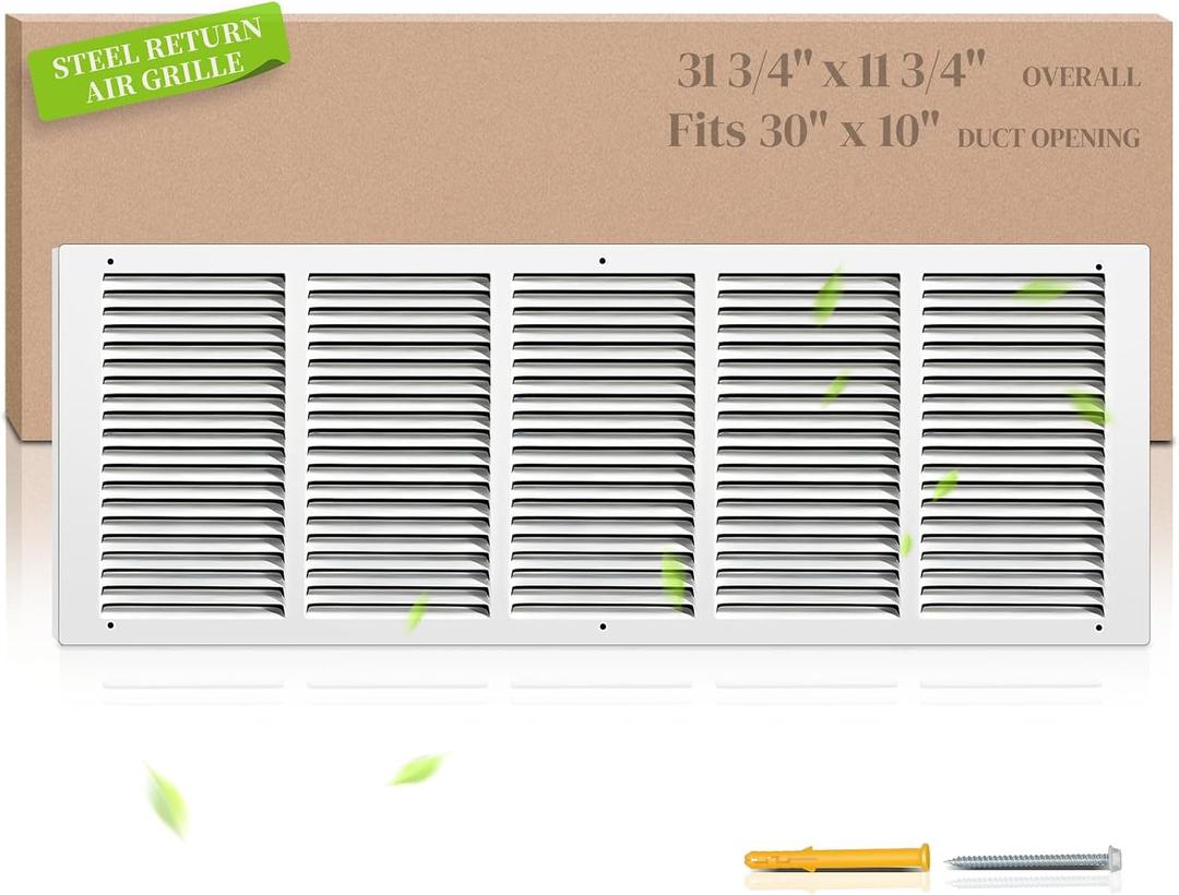 30"W x 10"H Return Air Grille [Duct Opening Size], Steel HVAC Return Air Vent Cover for Wall & Ceiling, White Powder-Coated Rust-Resistant AC Cold Air Return, Outer Dimensions 31.75"W x 11.75"H