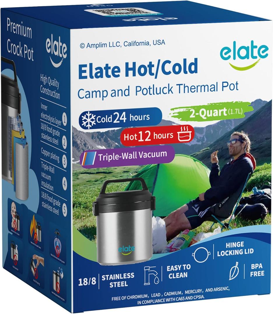 Elate 2-Quart Thermos Food Jar for Hot Food | 64oz Stainless Steel Vacuum-Insulated Camp Crock, Wide-Mouth Thermal Food Container, Portable Lunch Pot for Outdoor, Camping, Picnics, Trips, Potlucks (Black)