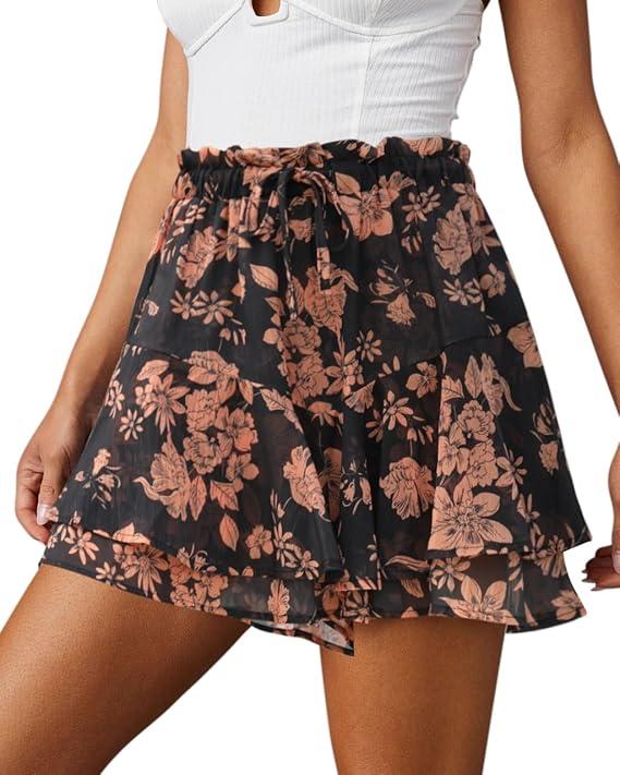 Womens Summer Flowy Shorts Casual Boho Floral Skorts Ruffle Mini Skirts Running Tennis Chiffon Butterfly Shorts, 2 XL