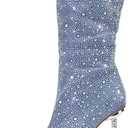 YIYA Women's Denim Rhinestone Mid Calf Boots Pointed Toe Stiletto High Heels Boots,10 US