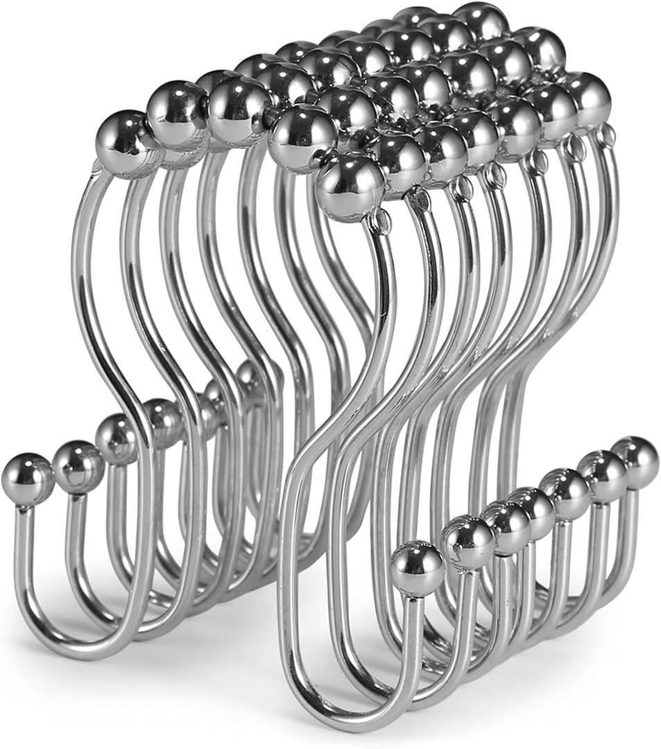  Shower Curtain Hooks, Stainless Steel Silver Shower Curtain Hooks Rings Rust Proof, Smooth Sliding Anti-Drop Double Shower Hooks for Shower Curtain, Rods (Chrome)