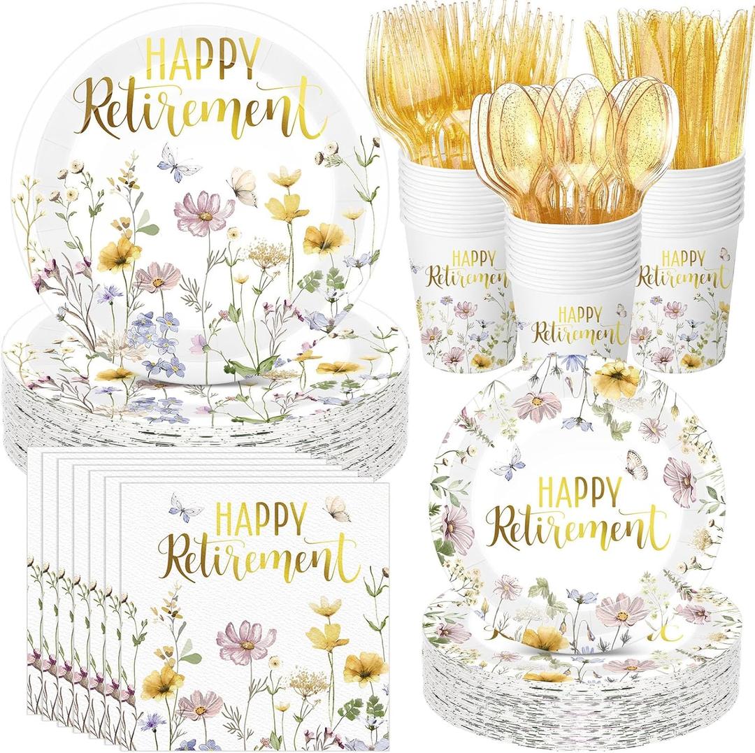 400 Pcs Happy Retirement Party Supplies Wildflower Themed Retirement Disposable Paper Plates Napkins and Cups for The Aged Women Say Goodbye Decorations
