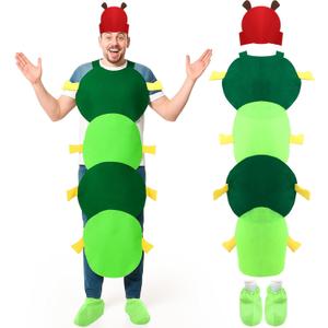 Soulchen Caterpillar Costume for Adult, Halloween Caterpillar Costumes with Hood Shoe Covers, One Size Green Insect Jumpsuit for Women Men Halloween Cosplay World Book Day Fancy Dress Party