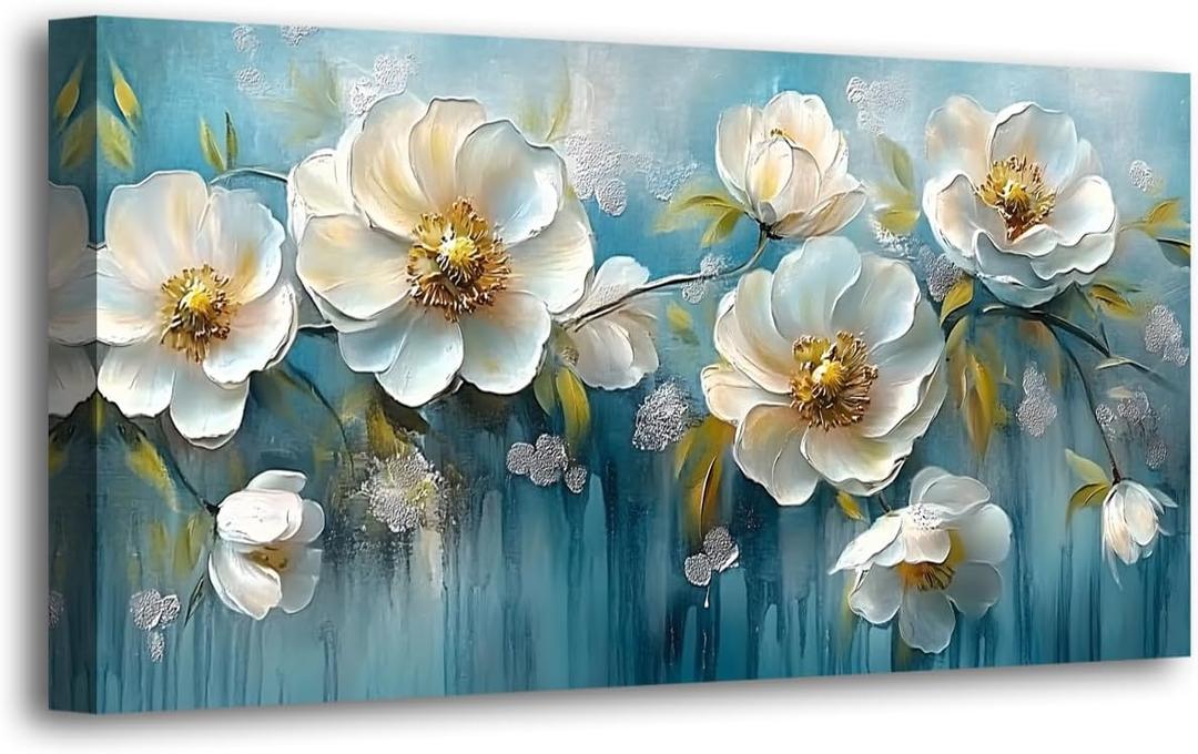 Haichuang Decor Art White Peony Flower Canvas Wall Art 40x20 Inches Framed Blue White Floral Oil Painting Wall Decor Waterproof HD Giclee Print Ready to Hang Modern Floral Artwork for Living Room Bedroom Bathroom