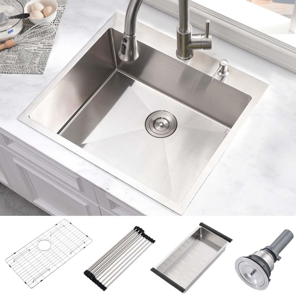 25 Inch Drop in Kitchen Sink-Wesliv 25x20 Stainless Steel Kitchen Sink Drop In Topmount 16 Gauge 10 Inch Deep Single Bowl Sinks with Dish Grid & Strainer