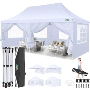 COBIZI 10x20 Pop Up Canopy with 6 Sidewalls, Conical Party Tent 10x20 with 3 Adjustable Height Waterproof, UV-Resistant with Carry Bag, Sandbag, Stake, Tents for Parties, Commercial (Frame Upgraded) (White)