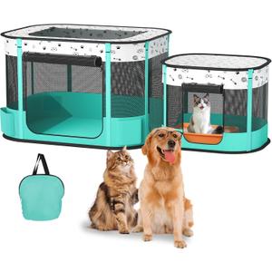 Portable Cat Playpen, Foldable Pet Dog Playpen, for Kitten Puppy Play Pen Indoor/Outdoor, Cats Enclosure Cages Tent with Carrying Case, 600D Oxford 8-Rods, 32"x24"x22" (Green)