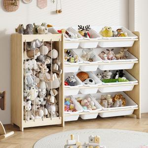 EXPERLAM Kids Toy Storage Organizer, 2-in-1 Stuffed Animal Storage & Toy Organizer w/12 Bins, Solid Wood Toy Rack Featuring Thicker Elastic Ropes to Hold Toys, Playroom Nursery Bedroom Storage, White, 47.2" L × 11" W × 31.5" H