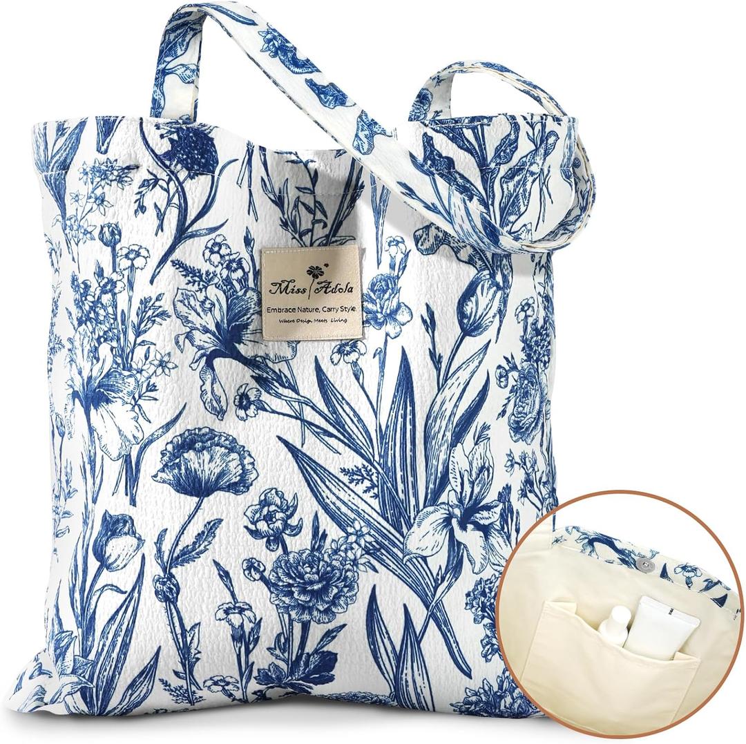 Aesthetic Cotton Tote Bag for Women - Reusable Shoulder Bag with Buckle Fabric Bag for Gym, Travel, Work, White Blue Flowers