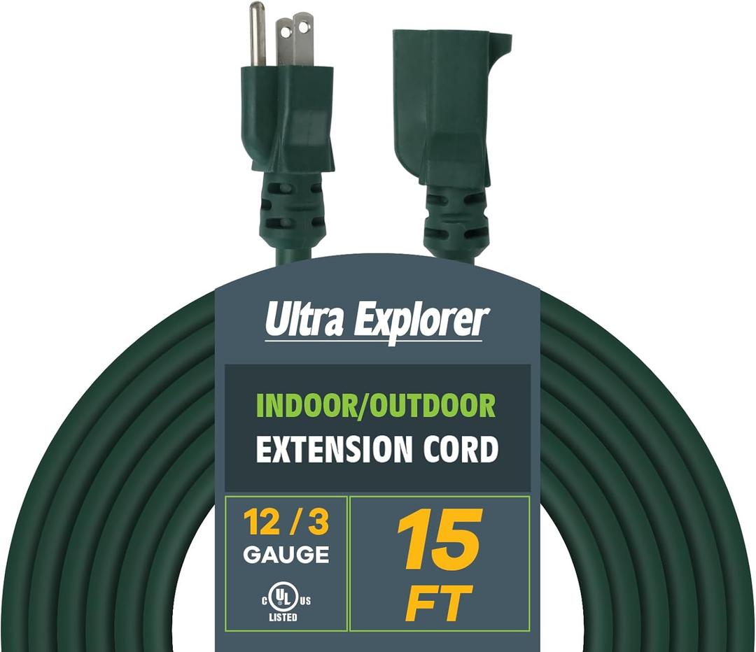 Green Indoor Outdoor Extension Cord 15 Ft, 12/3 SJTW Heavy Duty Green Extension Cable with 3 Prong Grounded Plug - Power Cord for Lawn, Garden, Appliances