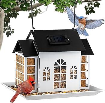 Bird Feeders for Outdoors, Solar Bird House Hanging Metal Birds feeder with Double Small Suet Cage Cake, Large Capacity Finch Cardinal Chickadee, Garden Decor for Outside, Unique Gifts for Mom, Grandma