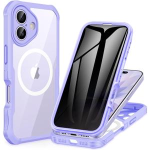 CENHUFO Magnetic Privacy for iPhone 17 Case [Compatible with Magsafe] Full Body Phone Case Built-in 9H Tempered Glass Screen Protector Camera Protection Shockproof Bumper Cover -Light Purple