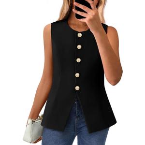 BTFBM Summer Sleeveless Blazer Vest For Women Dressy Button Down Round Neck Business Casual Outfits Work Suit Vests Tops (Medium, Black)