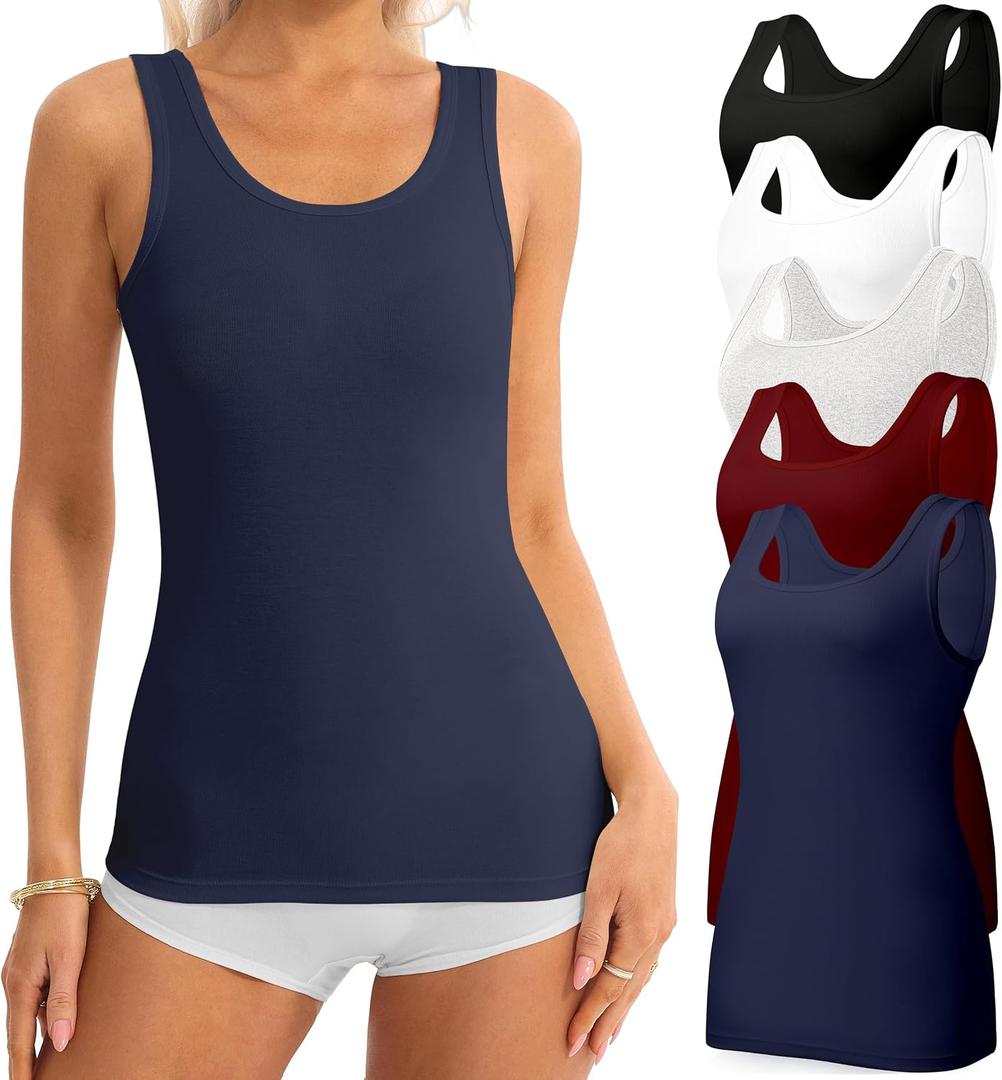 5 Pack Tank Tops for Women Cotton Undershirts Slim Fit Scoop Neck Basic Tanks Sleeveless Wide Strap Layering Top (Large)