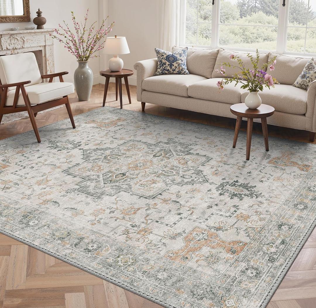 GENIMO No-Wash 9X12 Area Rug for Living Room Bedroom Patio, Waterproof Stain Resistant Oil Proof Chenille Carpet, Non Slip Vintage Boho Rug for Dining Room & Home Office Decor Light Taupe Brown