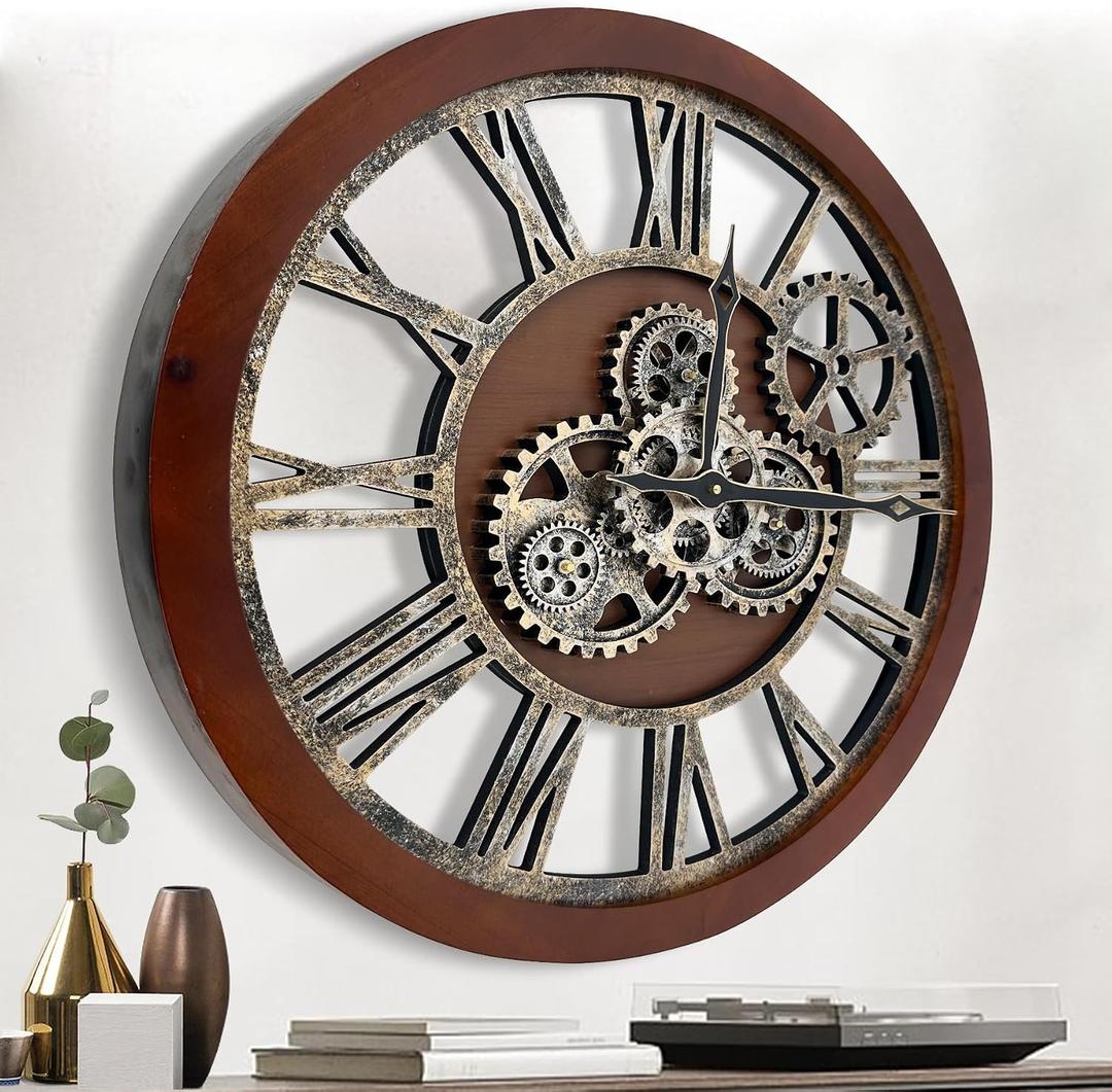 The B-Style Large Wall Clock 24 inch Moving Gear Wall Clock Oversized Vintage Farmhouse Wall Clocks for Living Room Decor Rustic Industrial Wood Clock (Black walunt Wood and Bronze)