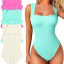 OQQ Women's 3 Piece Bodysuits Sexy Ribbed Strappy Square Neck Sleeveless Tummy Control Tank Tops Bodysuits Rose Mint green Beige L