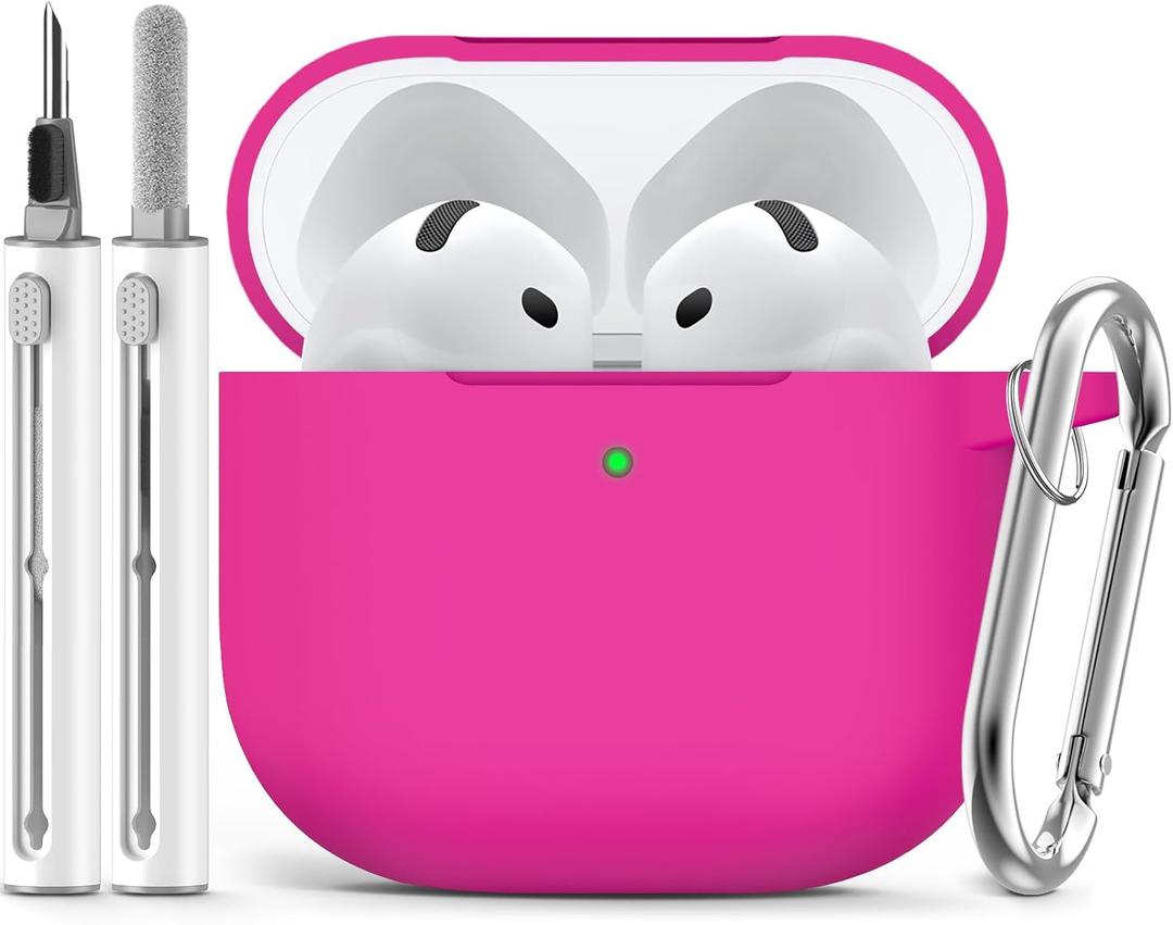 Ljusmicker for AirPods 4 Case 2024 with Cleaner Kit,Soft Silicone Protective Cover for Apple AirPods 4th Generation Cases for Women Men,for AirPod 4 Case Accessories with Keychain-Hot Pink