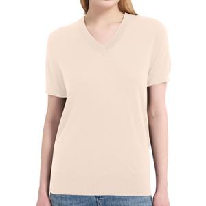 Women's 100% Merino Wool Sweaters Short Sleeve V Neck Sweater T-Shirt Business Summer Pullover Tops Vacation Outfits (Beige, M)