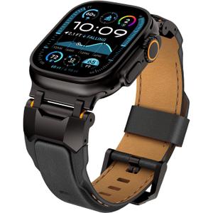 Top Genuine Leather Band Compatible with Apple Watch Ultra 3 2 1 Bands for Men 49mm 46mm 45mm 44mm 42mm,Luxury Leather Rugged Strap with Metal Connector for iWatch Series 11 10 9 8 7 6 5 4 SE