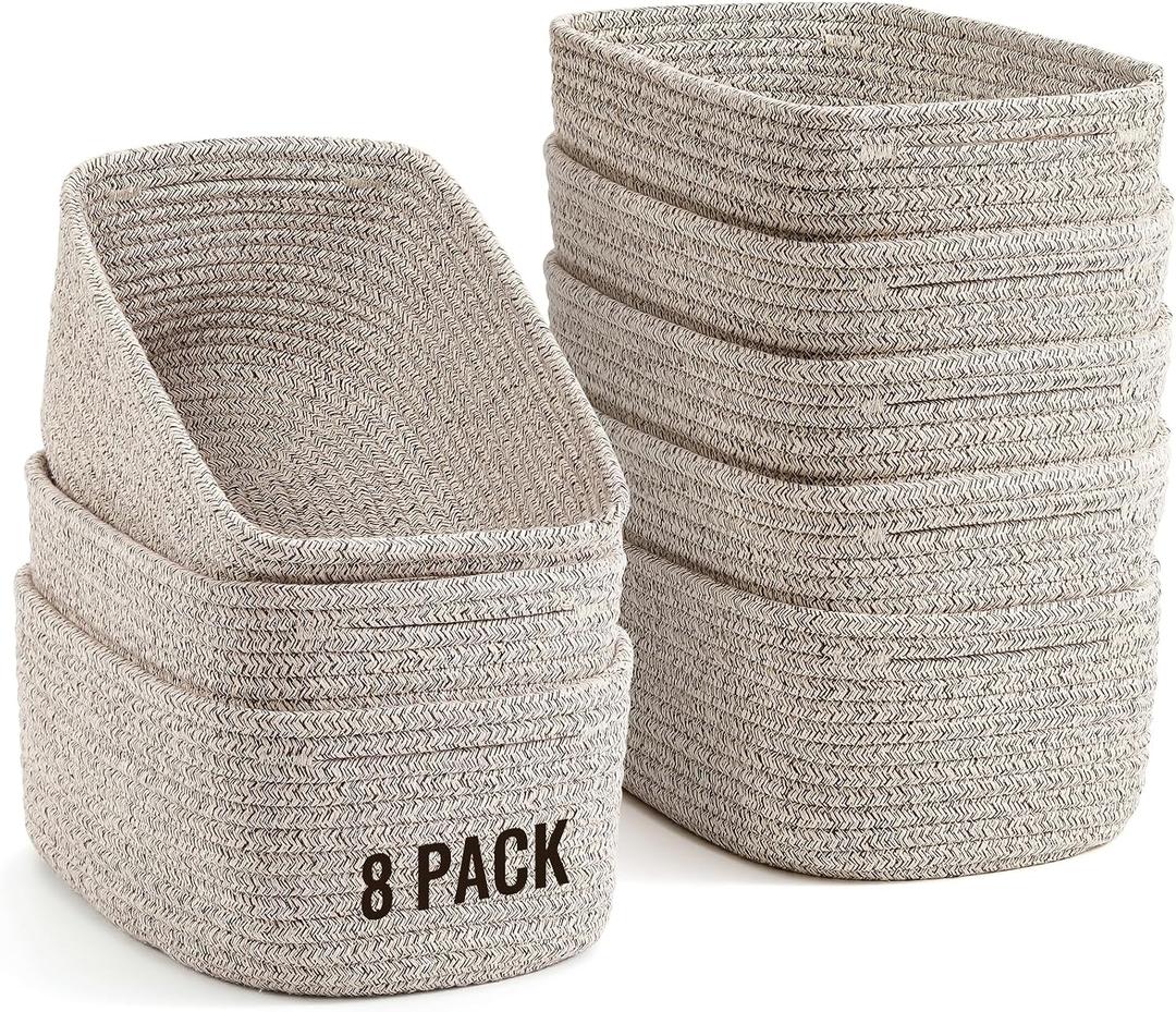 8 Pack Small Storage Baskets for Organizing, Woven Rope Bins for Bathroom, Closet, Shelf Organizer, Cute Cube Decorative Box for Towels, Baby Nursery, Toys, Gift Empty Baskets - 11.5"x7.5"x4.7"-Brown