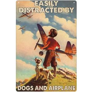 Airplane Vintage Metal Tin Sign Easily Distracted By Dogs And Airplane Funny Poster Military Enthusiasts Club Living Room Bathroom Kitchen Home Art Wall Decor Plaque