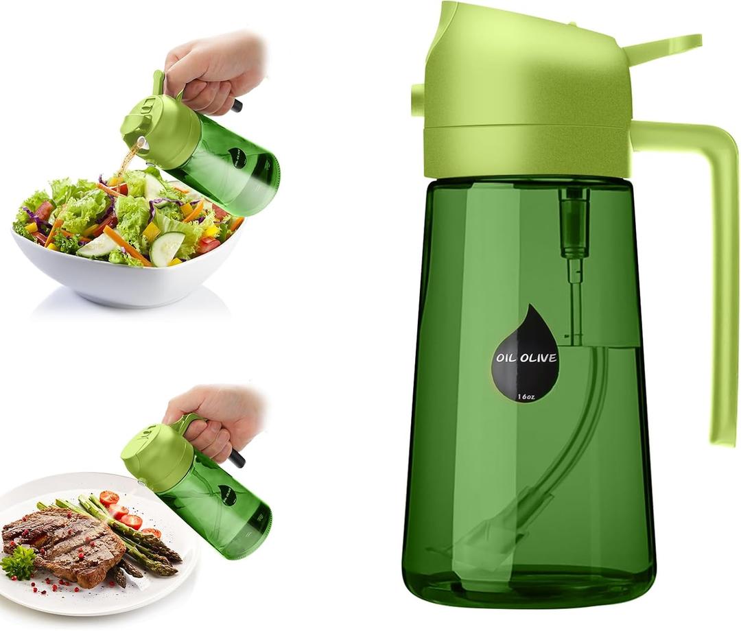 2 in 1 Oil Sprayer for Cooking, Olive Oil Dispenser Bottle for Kitchen Spray and Pour, 16oz/470ml Light-Blocking Dark Green Glass Bottle, Food-Grade Oil Mister for Air Fryer Green Cap