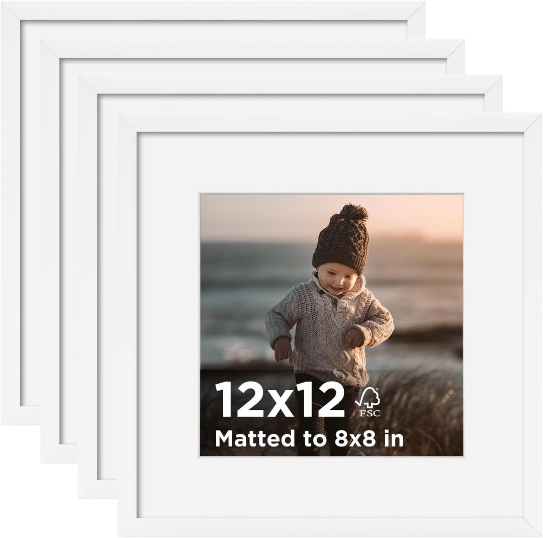 KINLINK 12x12 Picture Frame White Set of 4, Wooden Square Photo Frames Matted 8x8 with Plexiglass for 8x8 with Mat or 12x12 without Mat for Table and Wall Display