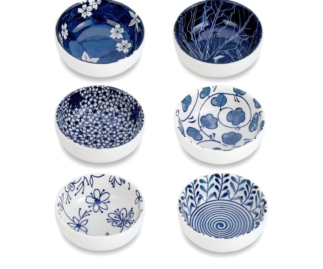 Japanese Style Ceramic Dipping Bowls,3'' Small Pinch Bowls Set Side Sauce Cups,Dishes for Sushi,Snack and Soy,BBQ,2.5 Oz Blue and White Mini Bowl for Kitchen Prep - Set of 6 (3 inch)