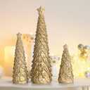 3 Pcs Christmas Tree Figurines Set Glitter Resin Tabletop Christmas Tree Decor Elegant Xmas Tabletop Centerpieces for Tables Desk Shelf Mantel Holiday Indoor Decorations(Gold)