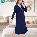 NACHILA Women's Nightgowns-Viscose Made from Bamboo, Long Sleeve Nightshirt Full Length Sleepshirt Soft Sleepwear with Pocket (Blue, M)
