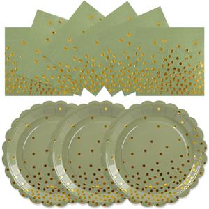 2 x 50pcs Sage Green Paper Plates and Napkins Set, 7Inch Sage Green and Gold Dot Disposable Party Plates Set for Baby Shower Birthday Wedding Christmas Party Supplies and Decorations